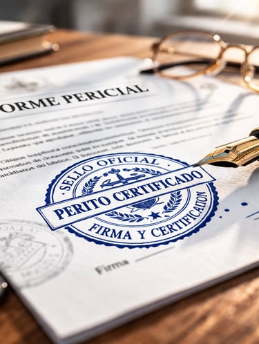 Dictamen pericial oficial de patrimonio con sello de Perito Certificado y firma técnica para proceso