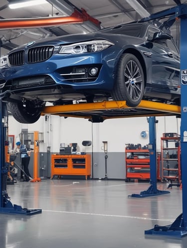 Close-up of various car parts laid out on a workbench with tools around.