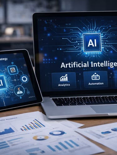 Artificial intelligence integration strategy displayed on a laptop and tablet for business automation and analytics.