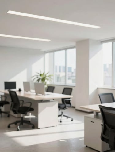 Architectural shot of a modern clean office space in São Paulo, bright natural daylight, professional corporate environment, shallow depth of field