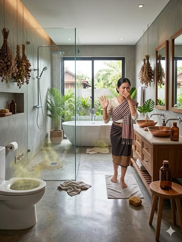 alt="Dealing with bad odors in a smelly bathroom before using a handmade scent bag"