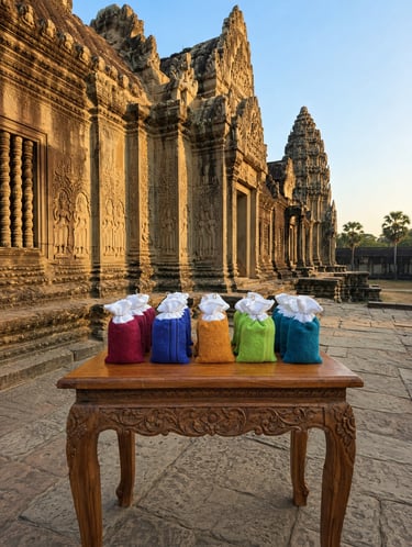 alt="A row of handmade herbal scent bags displayed in five different vibrant colors"