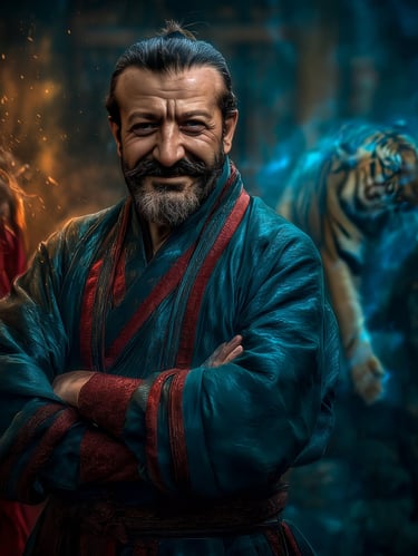 WDP İstanbul Taiji ve Kılıç (Jian) eğitmeni Mehmet Başkak. Sakallı, saçları topuzlu, mavi geleneksel kıyafetli, kolları bağlı