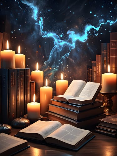 Books and lit candles on a desk with mystical celestial background