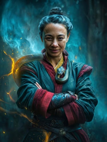 WDP İstanbul Taiji ve Qigong eğitmeni Mine Şilliler. Topuz saçlı, geleneksel kıyafetli, kolları bağlı ve kendinden emin duruş