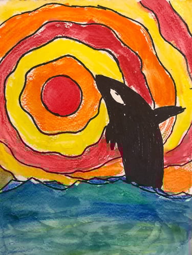 watecolor painting of an orca and the sun