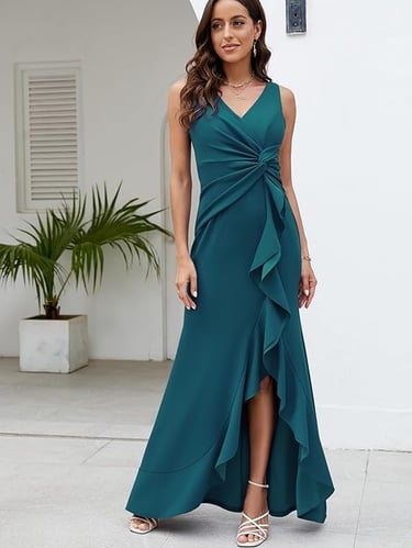 FQA women’s peacock blue V-neck sleeveless formal evening gown with split wrap and mermaid design