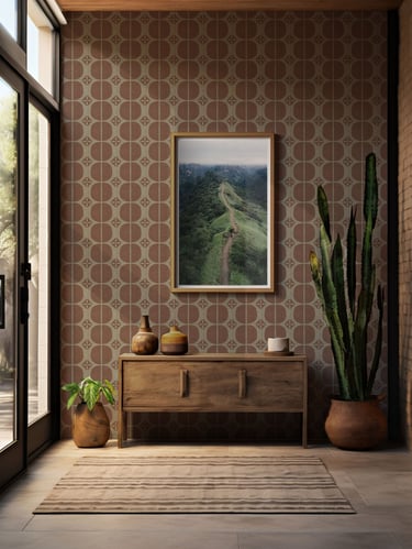 Stylish entryway with a brown geometric wallpaper design, wooden console table, potted plants, 