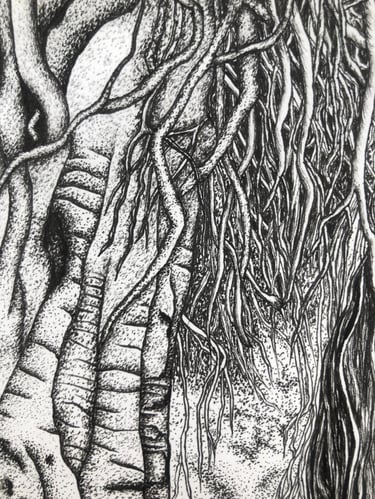 Ink drawing of an ancient banyan tree intertwined with aerial roots