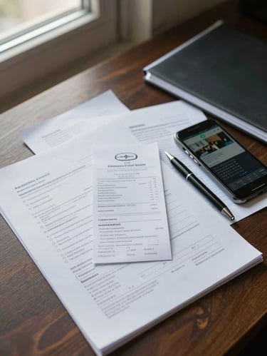 Overhead view of a desk with organized paperwork, printed bank transfer receipts, a smartphone showing a screenshot, and a pen resting beside a folder, soft natural window light from the upper left