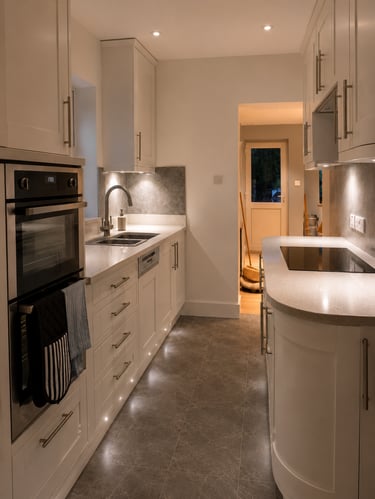 Narrow kitchen with white cabinets, dark tiled floor, built-in double oven, fitted in Cowley.