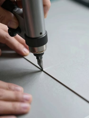 Extreme close-up from above — a precision cutting tool blade making first contact with a sheet of material on a clean gray workbench, hands steady at left edge, crisp north-facing studio light raking across the tool head, deep shadow line at cut point, minimal background