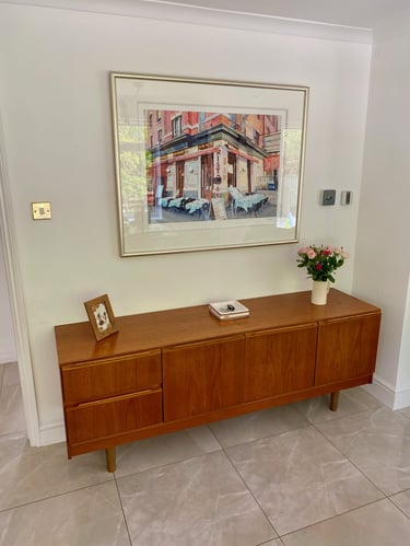 Morris of Glasgow Mid-Century Modern sideboard with classic Scottish design and restored vintage teak finish.