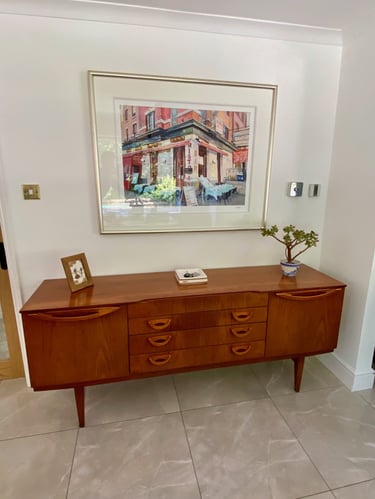Jentique Mid-Century Modern teak sideboard, restored vintage design with classic British craftsmanship.