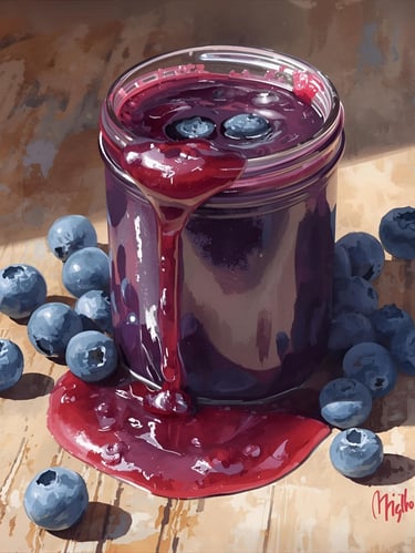 Un frasco de vidrio de mermelada casera de arándanos desbordándose sobre una mesa rústica de madera 