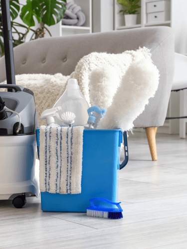 Un aspirateur avec un seau et une brosse de nettoyage.