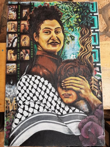 Painting of an activist holding a child protectively