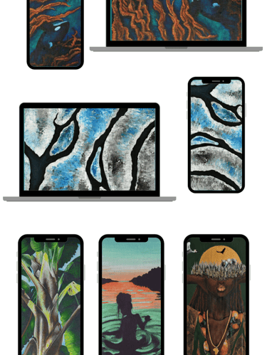 Examples of Amu art on phone and laptop wallpaper.