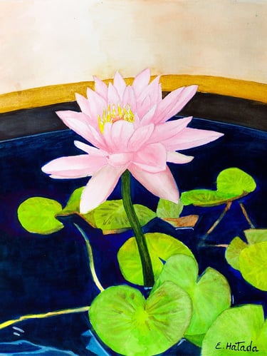 Watercolor painting of a water lily emerging from a vase