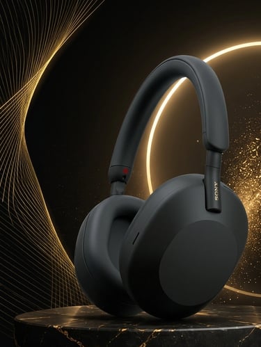 Casque sans fil premium Sony WH-1000XM5 noir de luxe sur un piédestal de luxe