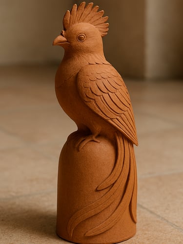 a clay bird sitting on top of a clay pot