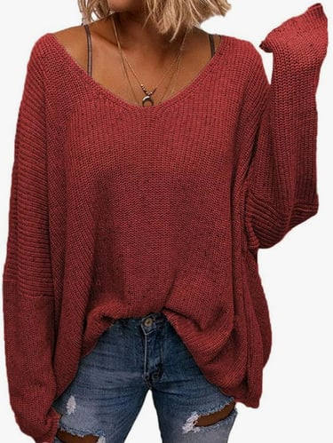 red knit pull over women's sweater long sleeved