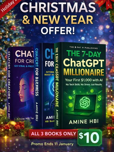 Holiday sale bundle of 3 ChatGPT and AI books for ten dollars featuring The 7-Day ChatGPT Millionaire.