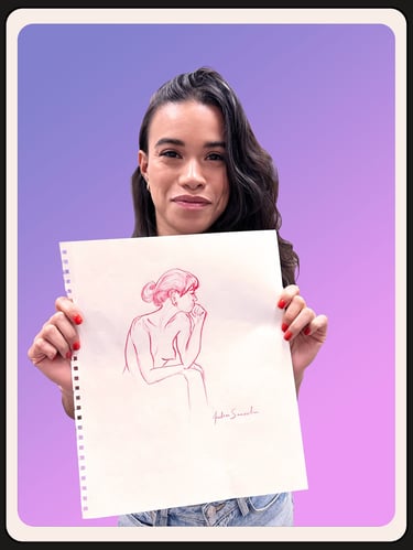 Portrait of me with side hair, holding a drawing of a woman's side profile in red color pencil.