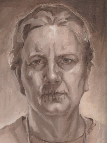 monochromatic painting in oil of a female figure with lips sewn shut