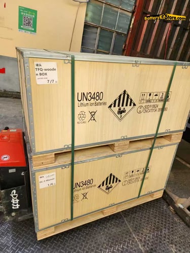 wooden packages of prismatic LiFePO4 battery cells