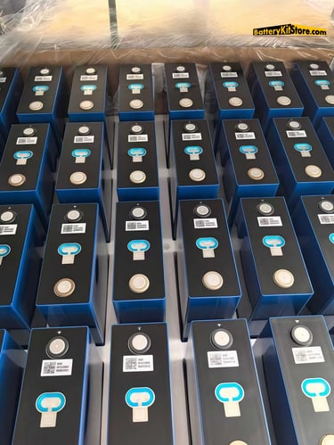 a box of prismatic LiFePO4 battery cells