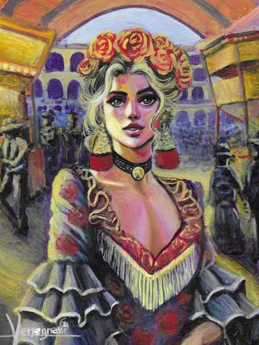 a painting of a woman in a dress with a flower crown