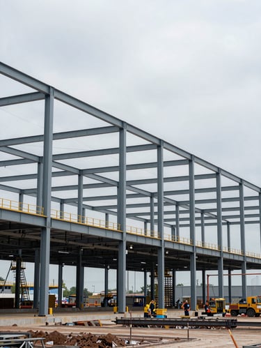 Wide environmental shot of a large installed structural steel framework at an industrial plant, photographed in overcast natural daylight, steel columns and beams extending into mid-ground, construction crew visible in lower third, operational site context
