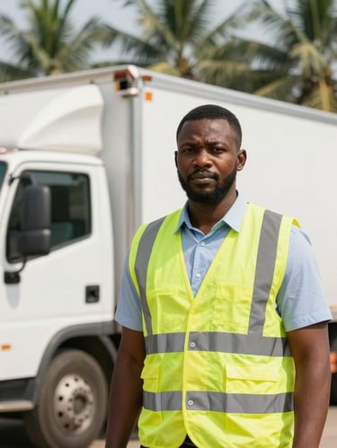 Dignified professional portrait of a Nigerian logistics coordinator in high-visibility vest standing beside a clean bulk delivery truck, bright natural daylight, palm grove in the soft-focus background.