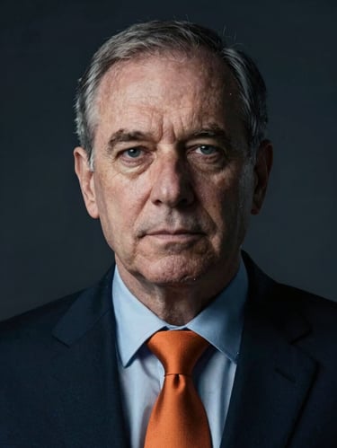 Close-up dramatic portrait of a senior male intelligence analyst, cool low-key lighting, dark background, 50mm lens