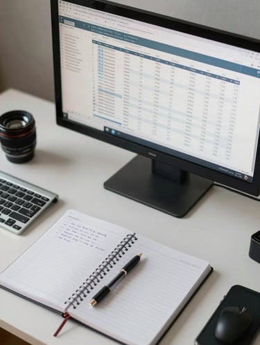 Overhead shot of an organized desk with a monitor showing a structured spreadsheet of real estate deal statuses, a notebook with handwritten follow-up columns, and a clean keyboard, neutral daylight from the left side