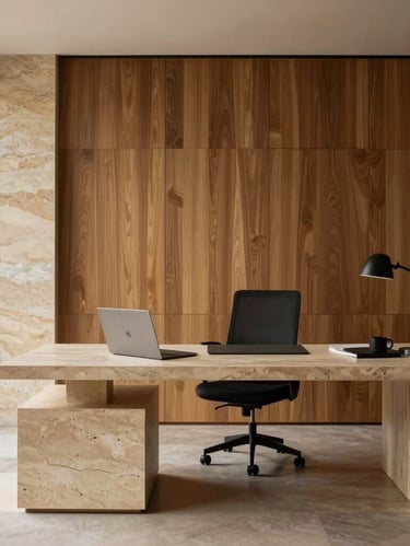 A minimalist private office interior in Barcelona, natural stone textures, warm wood paneling, soft atmospheric light.