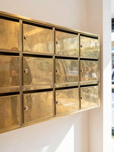Bright daylight editorial photo of a wall of polished brass private mailboxes inside a clean modern retail store, sharp focus, 35mm