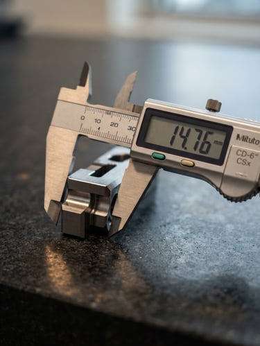A sharp, macro close-up of a digital caliper measuring a machined steel component on a granite surface plate, cool crisp daylight, deep charcoal tones, sharp focus, 35mm lens.