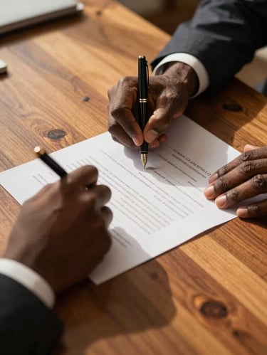 Close-up of hands signing an official land registry document on a heavy teak desk with a fountain pen, warm West African golden-hour light casting realistic shadows, professional legal atmosphere.