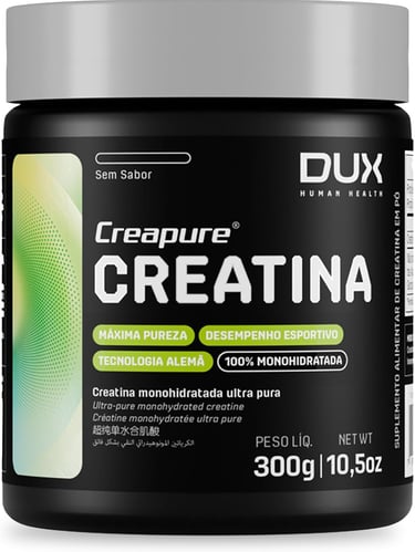 Pote de Creatina Dux Nutrition Creapure: selo de pureza internacional e alta qualidade.