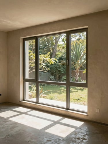 Wide interior shot of a large installed casement window system in a residential living space, natural daylight flooding through the glazed panels onto a concrete floor, the aluminum frame visible in sharp focus against warm plastered walls, no people, architectural photography