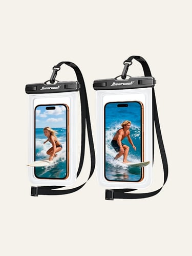 Two universal waterproof phone pouches with neck straps displaying surfing photos on smartphone screens.
