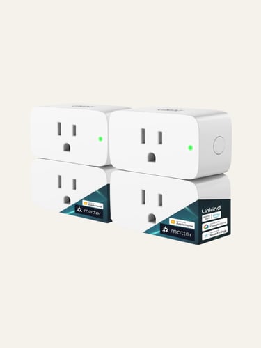 A set of four white Linkind Matter smart plugs compatible with Apple Home, Alexa, and Google Home.
