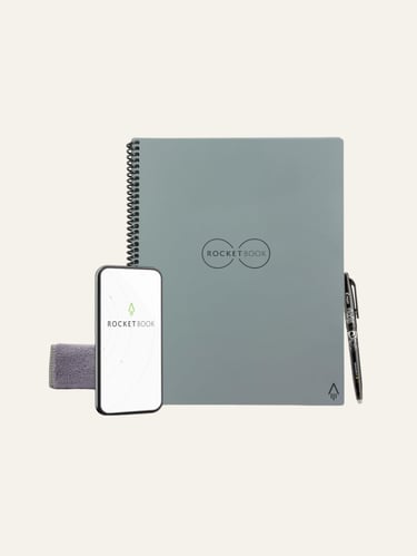 A Rocketbook Core smart notebook in gray, a digital scan of a Rocketbook app screen on a smartphone, a gray microfiber