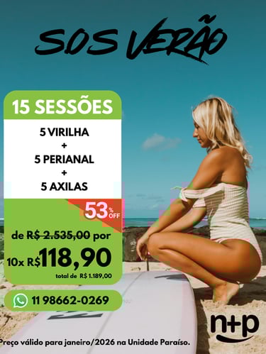 Promoção SOS Verão 2026: 15 sessões de depilação — virilha, perianal e axilas com 53% off.