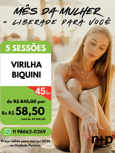 Depilação a Laser Não+Pelo Paraíso: 8x de R$ 58,50 - Virilha Biquini