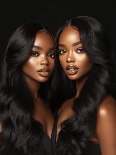 Two glamorous women with long, beautiful hair.