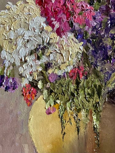 Impasto oil painting of a vibrant flower bouquet in a yellow vase with thick brushstrokes.
