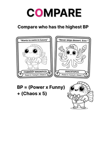 alt=“Finbrööt Magnifico and Snacktopus BRAINBRÖÖT cards side by side with BP comparison formula”